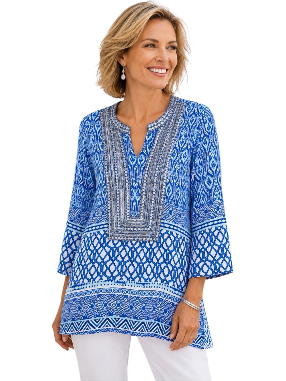 NWT Chico’s 1P Embellished Blue Ikat Tunic Top Petite Medium Resort Boho